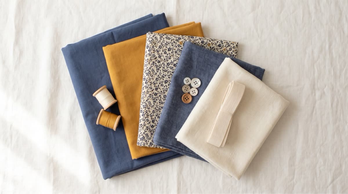 Folded navy linen, mustard cotton, navy floral, soft denim and natural fabrics fanned out with thread spools, buttons, and bias tape on a linen sheet.